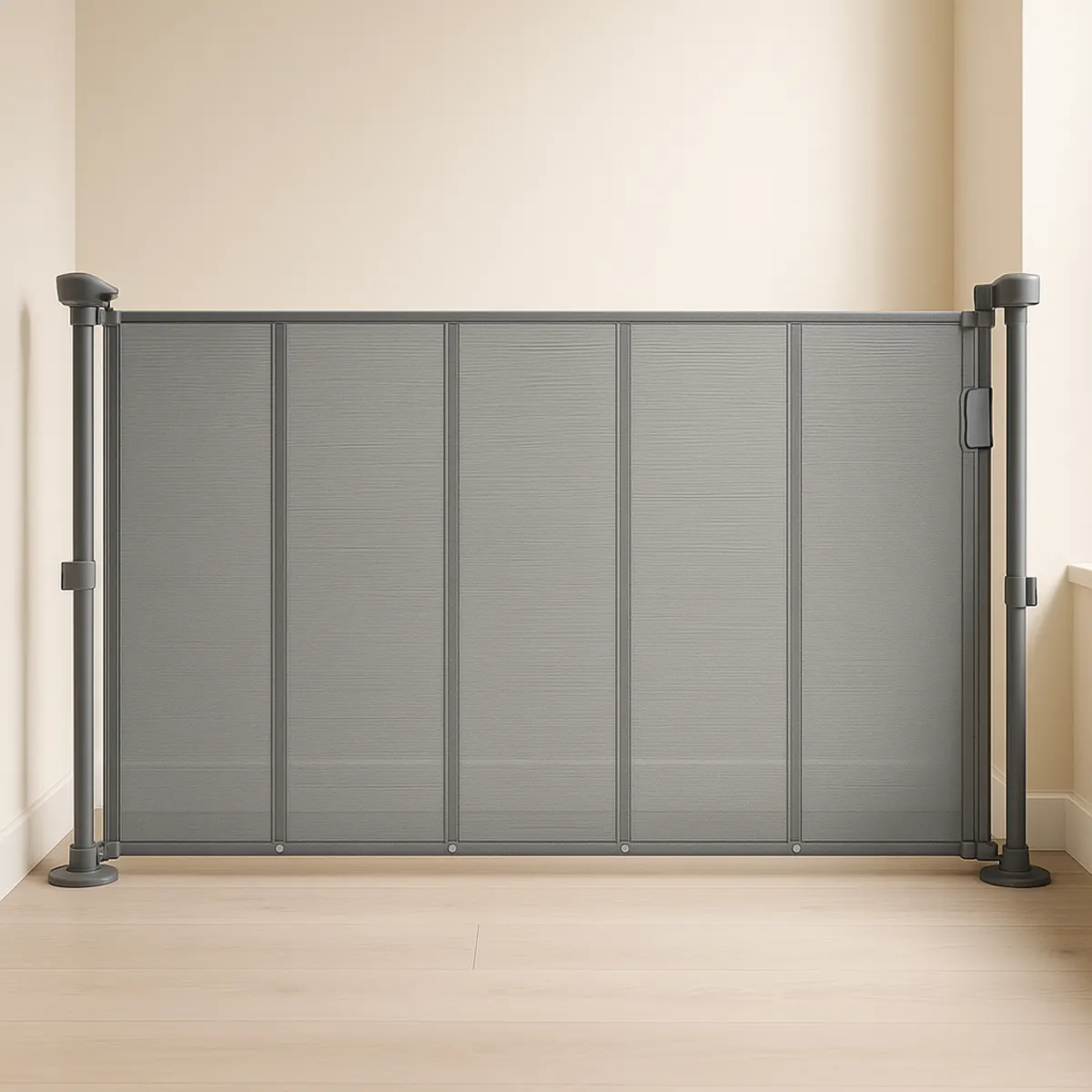 SnugGate retractable mesh baby gate installed in a doorway, gray finish