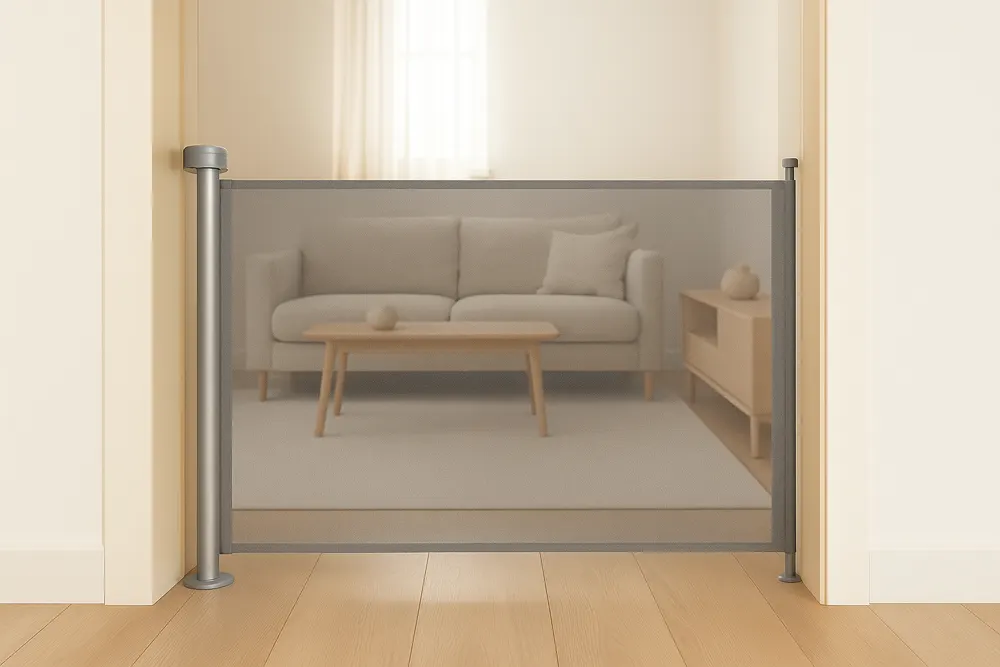 SnugGate mesh baby gate installed at the top of a staircase in a family home
